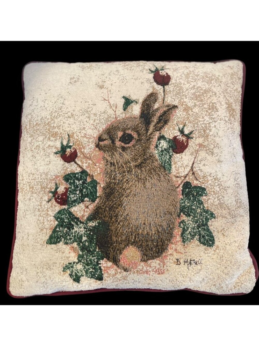 Vintage Decorative Throw Pillow With Bunny Tapestry Design & Red Backing